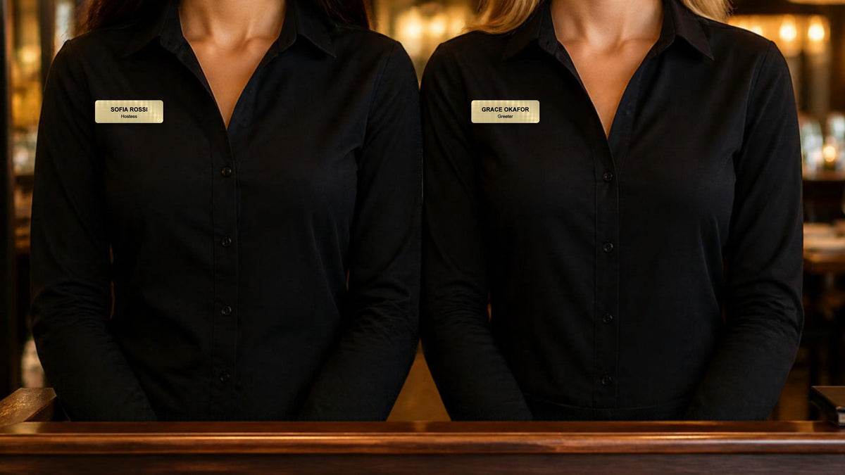 Two restaurant hostesses in matching black blouses wearing matching brushed gold engraved name badges: SOFIA ROSSI, Hostess, and GRACE OKAFOR, Greeter.
