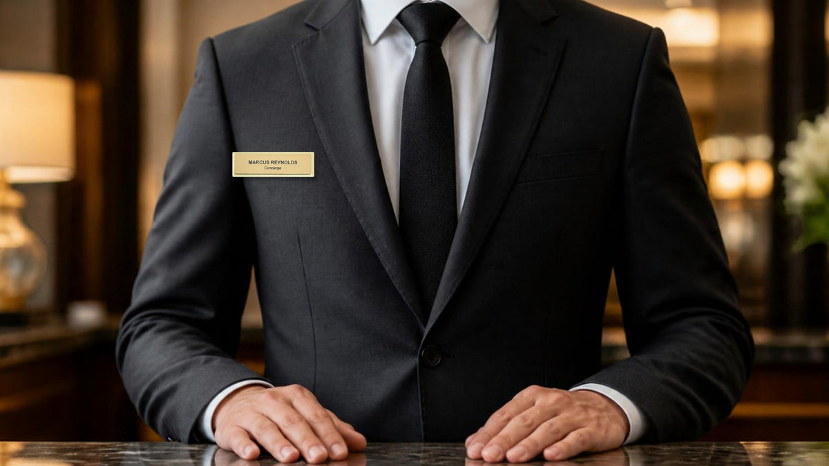 A hotel front desk agent in a charcoal suit wearing a gold metal bar name badge engraved MARCUS REYNOLDS, Concierge.