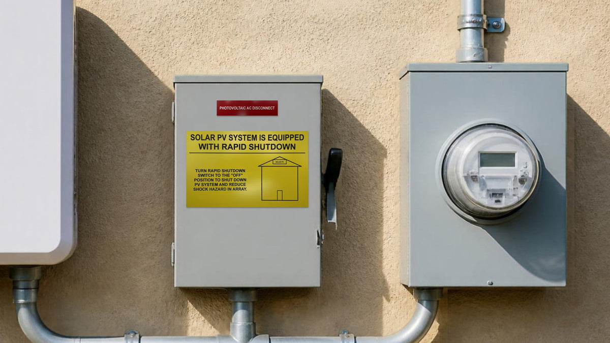 An engraved red PHOTOVOLTAIC AC DISCONNECT label and a yellow SOLAR PV SYSTEM IS EQUIPPED WITH RAPID SHUTDOWN placard on a solar AC disconnect beside the electric meter.