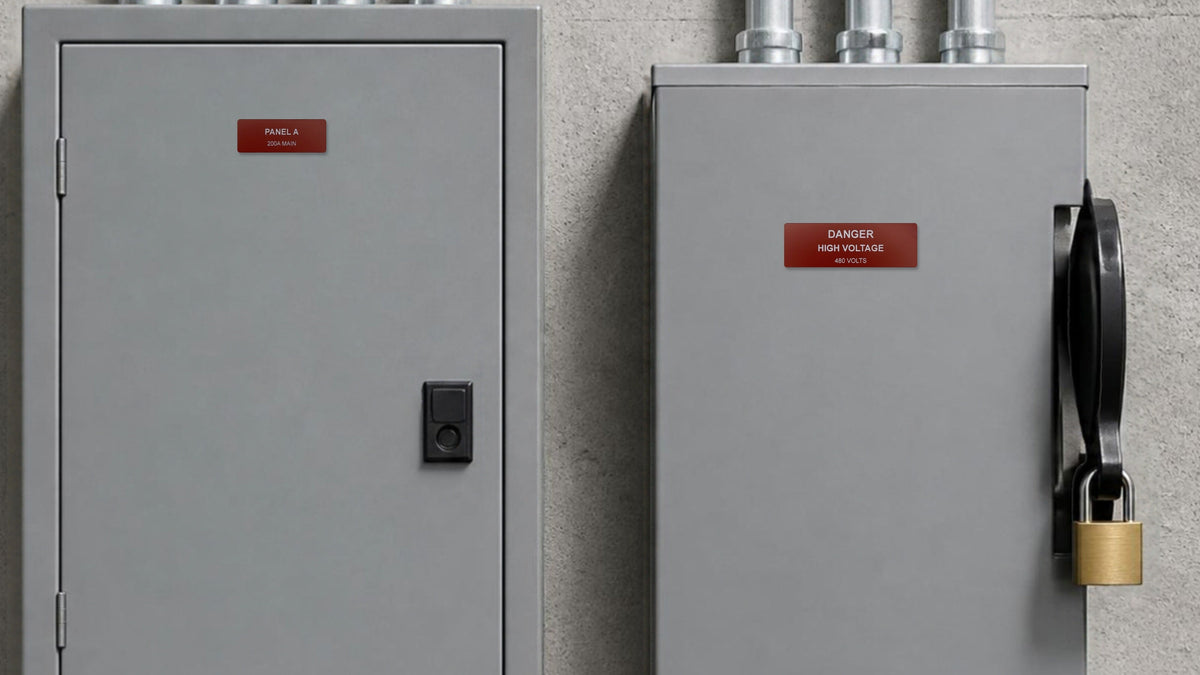 An engraved red PANEL A label on an electrical panel door and a red DANGER HIGH VOLTAGE 480 VOLTS plate on a padlocked disconnect switch.