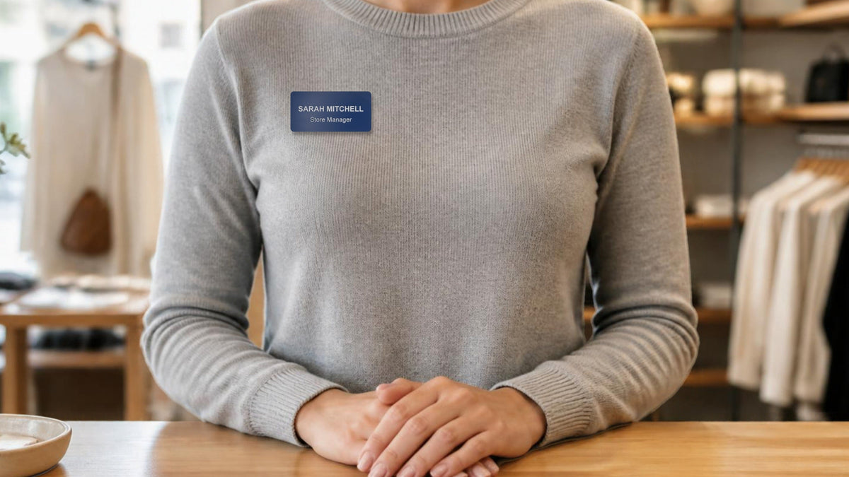 A store manager at a shop counter wearing a blue engraved name badge that reads SARAH MITCHELL, Store Manager.