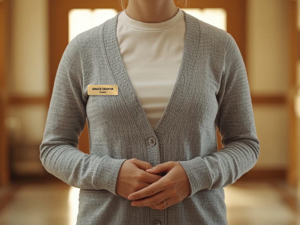 A light gray button-down cardigan worn over a plain white t-shirt. A rectangular gold-toned name tag is pinned to the left side of the cardigan, featuring the black engraved text "GRACE OKAFOR" on the top line and "Greeter" below.