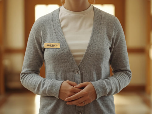 A light gray button-down cardigan worn over a plain white t-shirt. A rectangular gold-toned name tag is pinned to the left side of the cardigan, featuring the black engraved text "GRACE OKAFOR" on the top line and "Greeter" below.