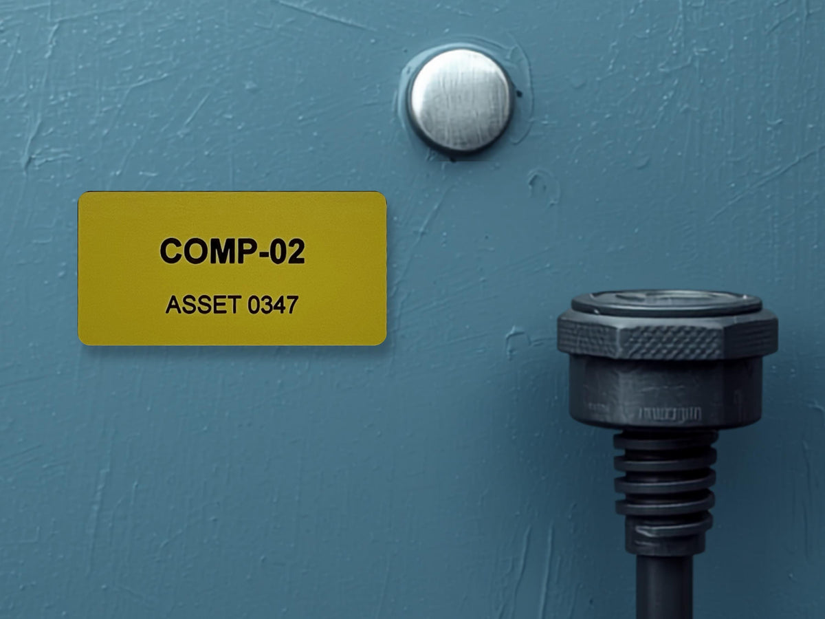 A rectangular yellow label with the black text COMP-02 and ASSET 0347, positioned on a blue surface next to a silver circular fastener and a black cylindrical connector with a ribbed base and a textured top edge.