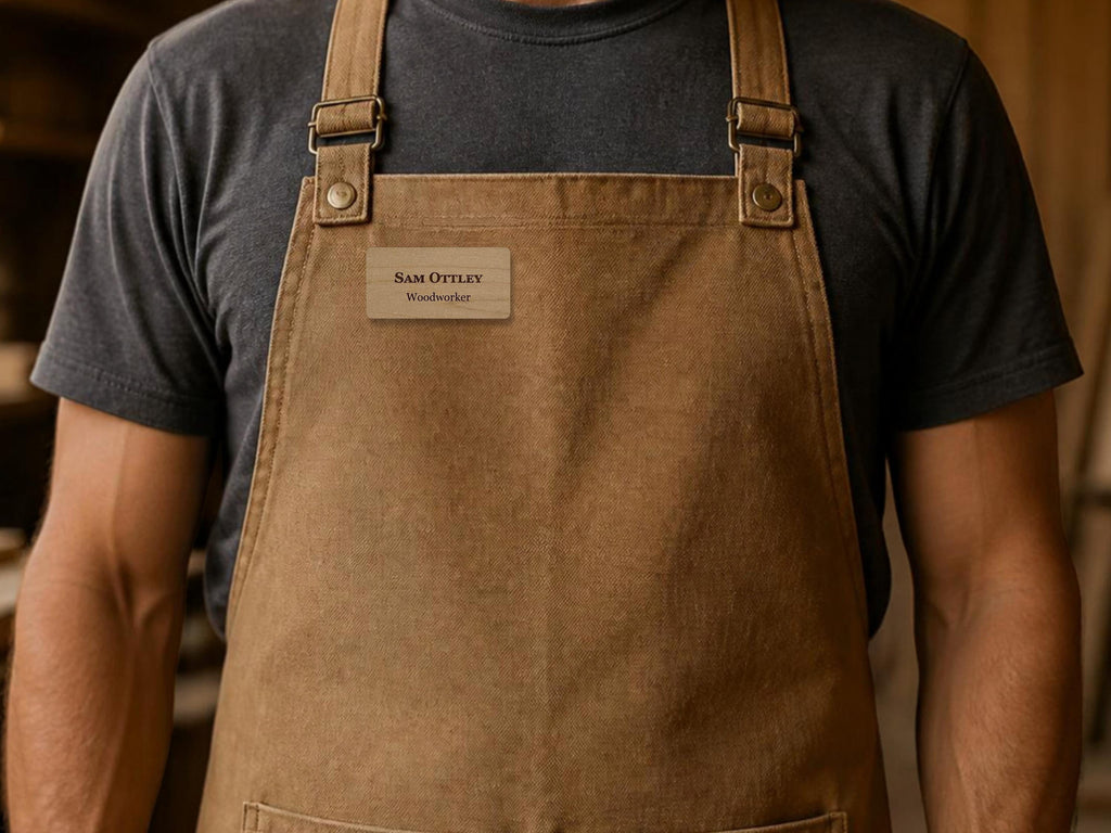 A brown canvas apron with adjustable shoulder straps and metal buckles, featuring a rectangular wooden name tag pinned to the chest. The name tag displays the text Sam Ottley and the word Woodworker in dark lettering.