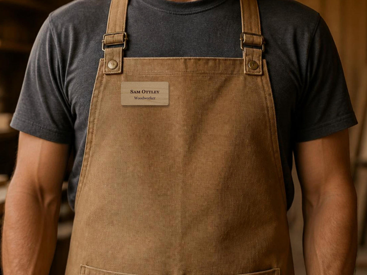A brown canvas apron with adjustable shoulder straps and metal buckles, featuring a rectangular wooden name tag pinned to the chest. The name tag displays the text Sam Ottley and the word Woodworker in dark lettering.