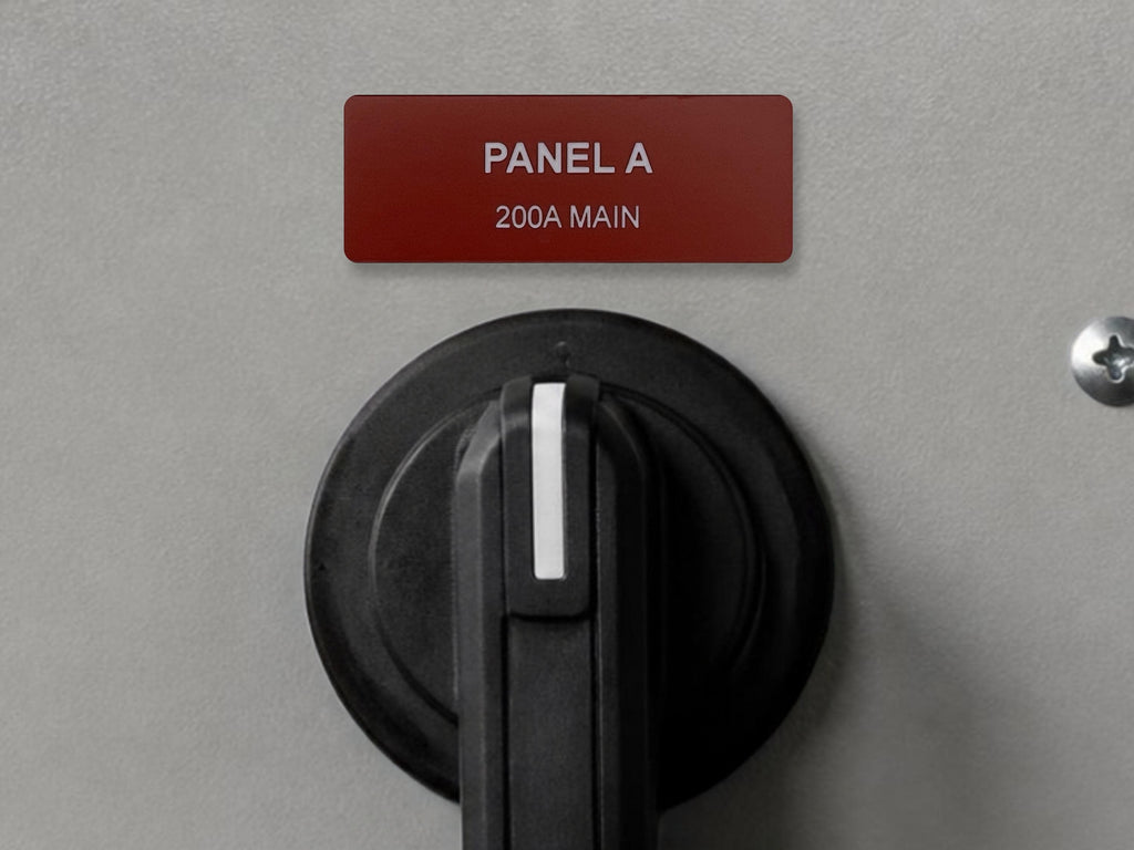A black circular electrical switch with a white vertical indicator line, mounted on a gray surface. Above the switch is a rectangular dark red label with white text that reads PANEL A and 200A MAIN, positioned near a metal screw.