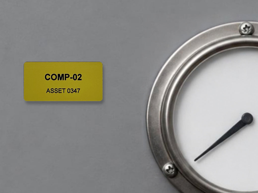 A gray panel featuring a circular gauge with a silver metallic rim and a single black needle pointing toward the center. To the left, a rectangular gold label displays the black text COMP-02 on the top line and ASSET 0347 below.
