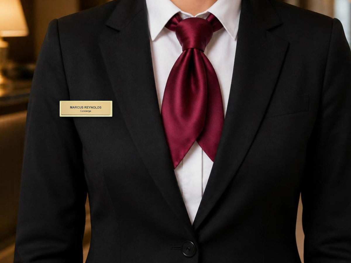 A black blazer worn over a white collared shirt with a deep burgundy satin neck scarf tied in a knot. A rectangular gold name tag is pinned to the right lapel, featuring the text MARCUS REYNOLDS and the word Concierge below it.