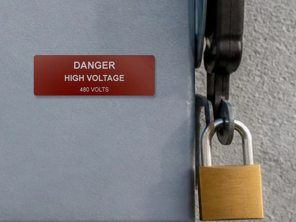 A gray metal electrical box featuring a rectangular red warning sign with white text that reads DANGER HIGH VOLTAGE 480 VOLTS. A brass padlock is secured through a metal latch mechanism on the side of the gray enclosure.