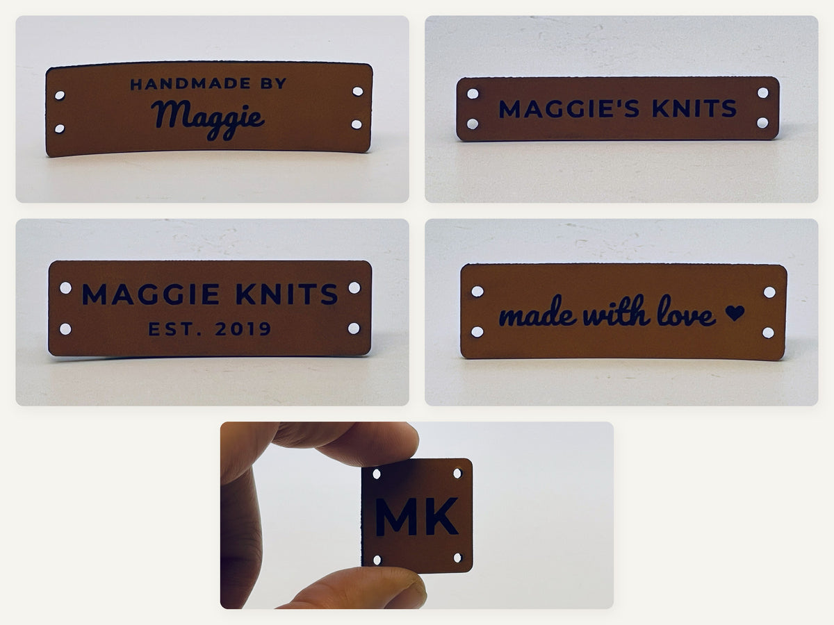 Five styles of rawhide leatherette knit and crochet labels: HANDMADE BY Maggie, MAGGIE'S KNITS, MAGGIE KNITS EST. 2019, made with love with a heart, and a square MK monogram, each engraved in black.