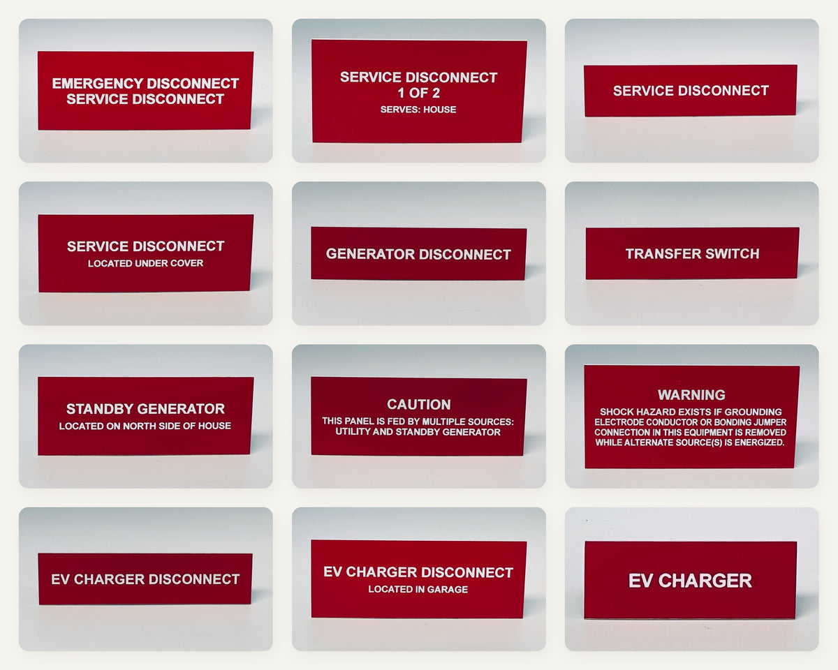 All 12 engraved red labels in the bundle, each in its own photo: the service and emergency disconnect set, the standby generator set and the EV charger set.