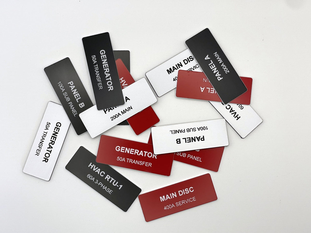Engraved electrical panel labels in black, white and red