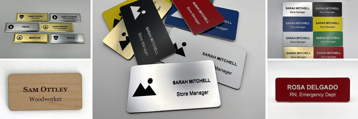 Engraved name badges: premium gold and silver metal bar badges with logos, a maple wood badge, a pile of logo badges in eight colors, the eight colors side by side, and a crimson nurse badge for ROSA DELGADO, RN.