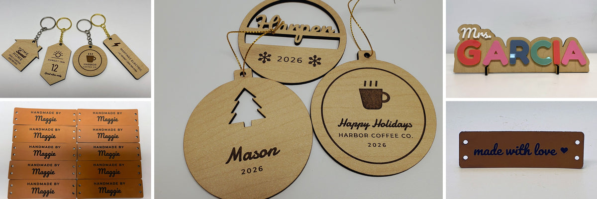 Engraved gifts: wood name ornaments for 2026, logo keychains, knit labels reading Handmade by Maggie, and raised-letter teacher name signs for Mrs. Garcia and Ms. Lee.