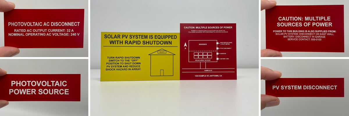 Engraved solar labels: a red site map placard beside a yellow rapid shutdown placard, a PV label set, a flat site map placard, and PV disconnect labels held in hand.