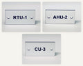 Three white engraved HVAC unit tags with screw holes, each in its own photo: RTU-1, AHU-2 and CU-3.