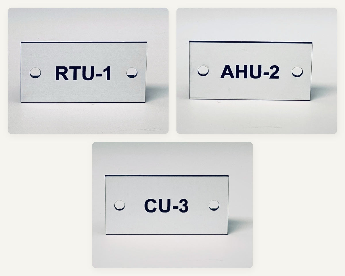 Three white engraved HVAC unit tags with screw holes, each in its own photo: RTU-1, AHU-2 and CU-3.