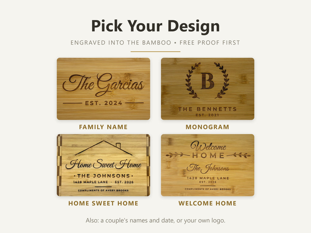 Four engraved cutting board designs on bamboo: Family name, The Garcias in script over EST. 2024 between two lines; Monogram, a B in a laurel wreath over THE BENNETTS and EST. 2021; Home Sweet Home under a roof line with THE JOHNSONS, the address and EST. 2026; and Welcome HOME between leafy sprigs over The Johnsons and the address. Also offered: a couple's names and date, or your logo.