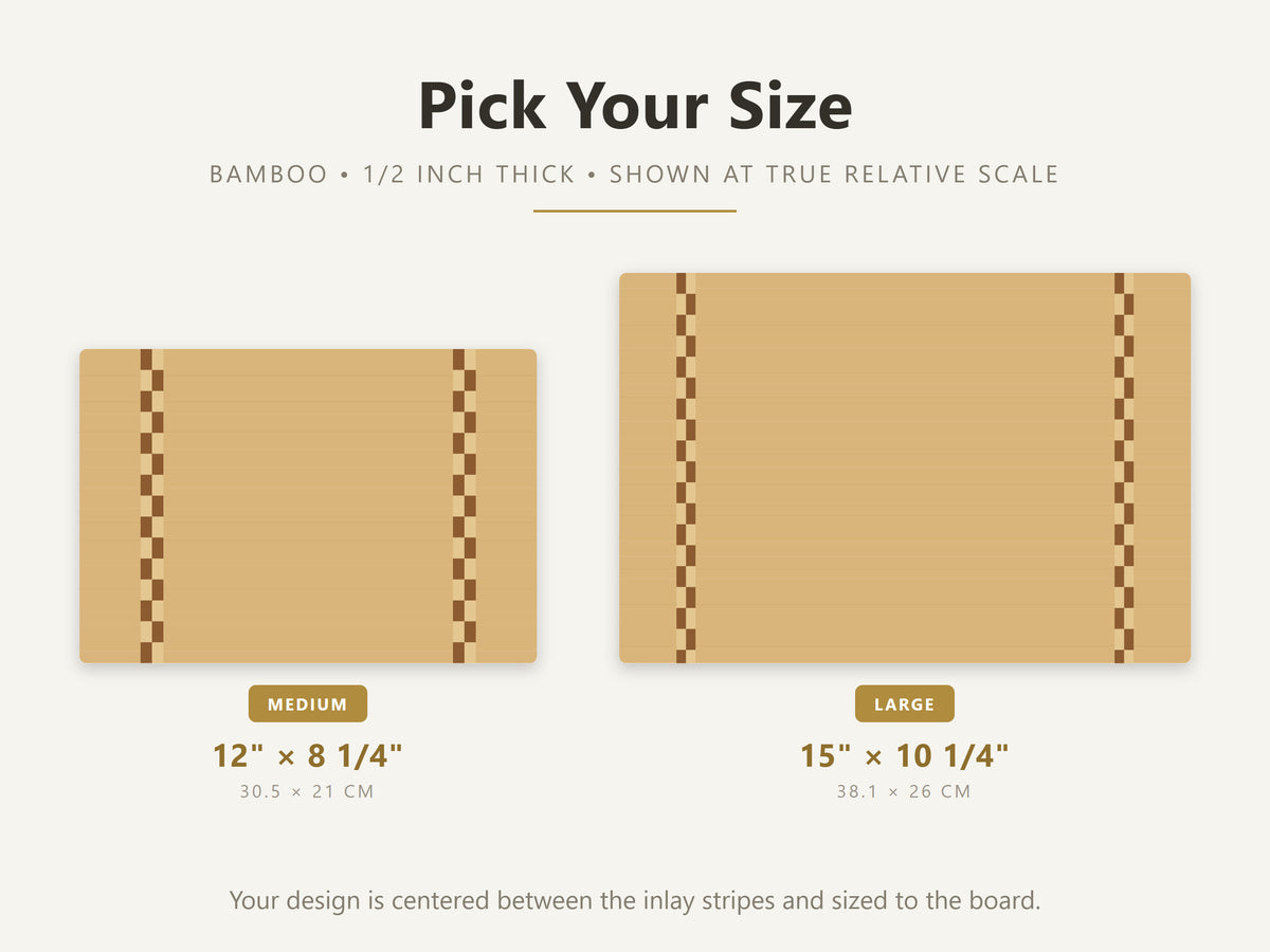 Size chart drawn to scale: the medium board, 12 x 8 1/4 inches, and the large board, 15 x 10 1/4 inches, both bamboo, 1/2 inch thick, with a butcher block inlay stripe near each end.