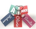 Five raised name bag tags fanned out on their wire loops: Jackson on slate blue, Olivia on coral, Amelia on bubblegum pink, MKR on coral and the initial A on sage green, all in raised white letters.