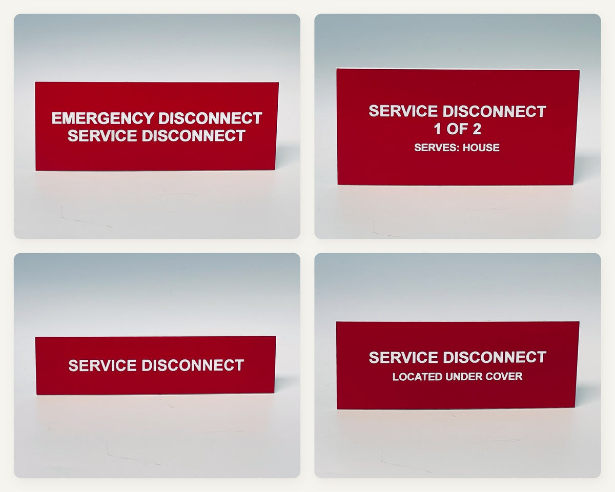 The four engraved red labels in the service and emergency disconnect set: EMERGENCY DISCONNECT, SERVICE DISCONNECT; SERVICE DISCONNECT, 1 OF 2, SERVES: HOUSE; SERVICE DISCONNECT; SERVICE DISCONNECT, LOCATED UNDER COVER. Each label is shown in its own photo.