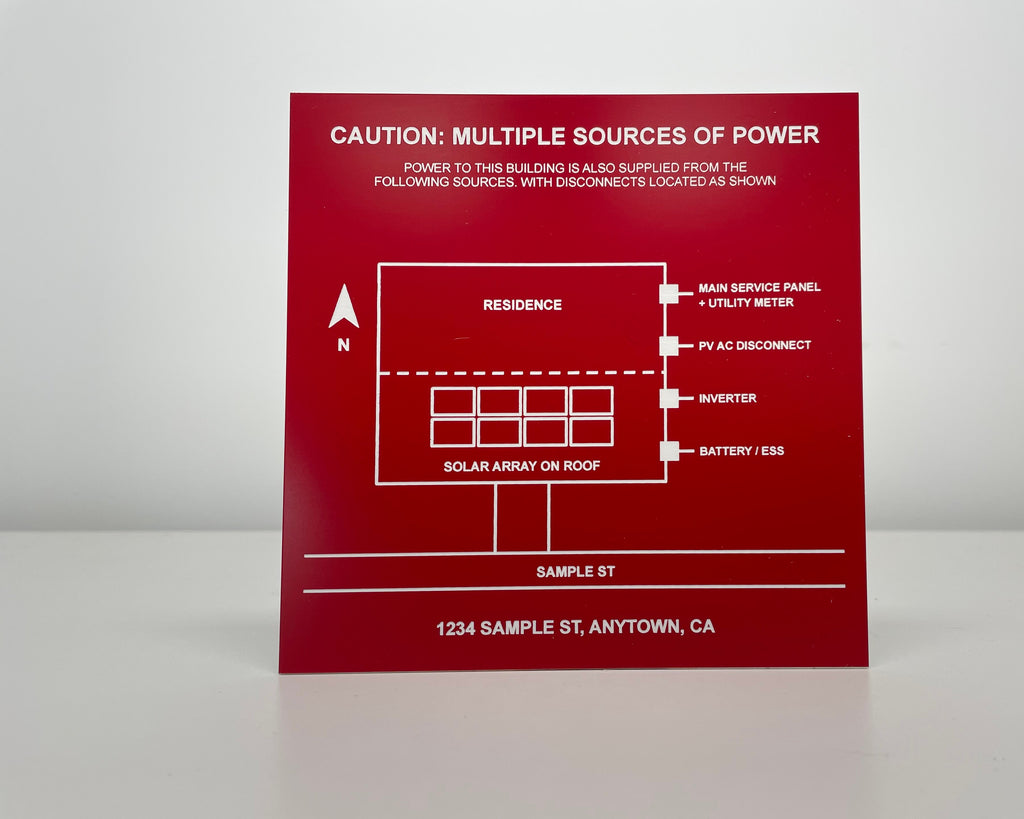 Red engraved solar site-map placard reading CAUTION: MULTIPLE SOURCES OF POWER, with a building diagram.