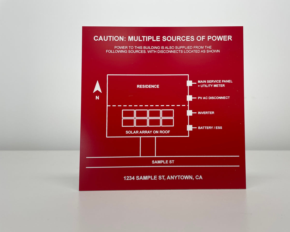Red engraved solar site-map placard reading CAUTION: MULTIPLE SOURCES OF POWER, with a building diagram.