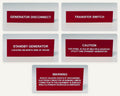 The five engraved red labels in the standby generator set: GENERATOR DISCONNECT; TRANSFER SWITCH; STANDBY GENERATOR, LOCATED ON NORTH SIDE OF HOUSE; CAUTION, THIS PANEL IS FED BY MULTIPLE SOURCES: UTILITY AND STANDBY GENERATOR; WARNING, SHOCK HAZARD EXISTS IF GROUNDING ELECTRODE CONDUCTOR OR BONDING JUMPER CONNECTION IN THIS EQUIPMENT IS REMOVED WHILE ALTERNATE SOURCE(S) IS ENERGIZED. Each label is shown in its own photo.