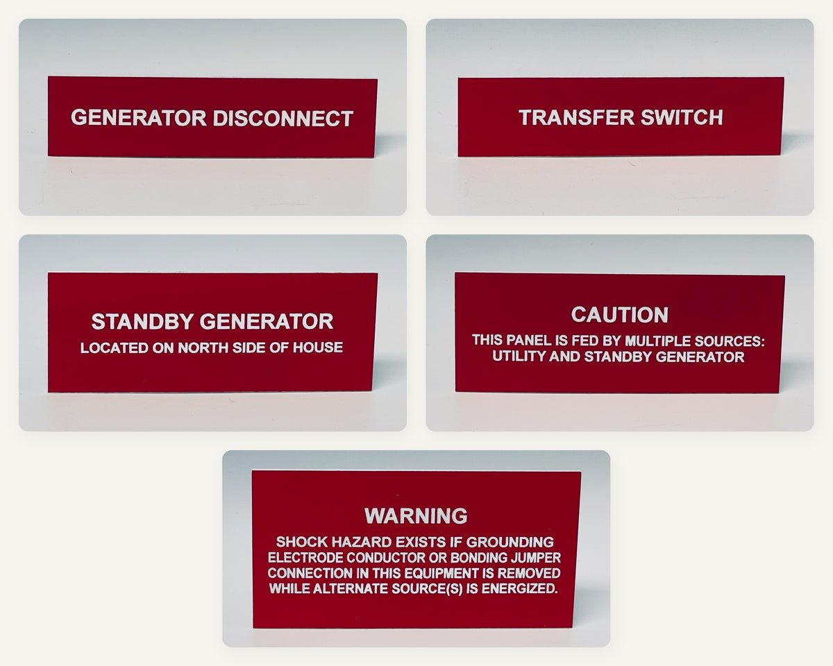 The five engraved red labels in the standby generator set: GENERATOR DISCONNECT; TRANSFER SWITCH; STANDBY GENERATOR, LOCATED ON NORTH SIDE OF HOUSE; CAUTION, THIS PANEL IS FED BY MULTIPLE SOURCES: UTILITY AND STANDBY GENERATOR; WARNING, SHOCK HAZARD EXISTS IF GROUNDING ELECTRODE CONDUCTOR OR BONDING JUMPER CONNECTION IN THIS EQUIPMENT IS REMOVED WHILE ALTERNATE SOURCE(S) IS ENERGIZED. Each label is shown in its own photo.