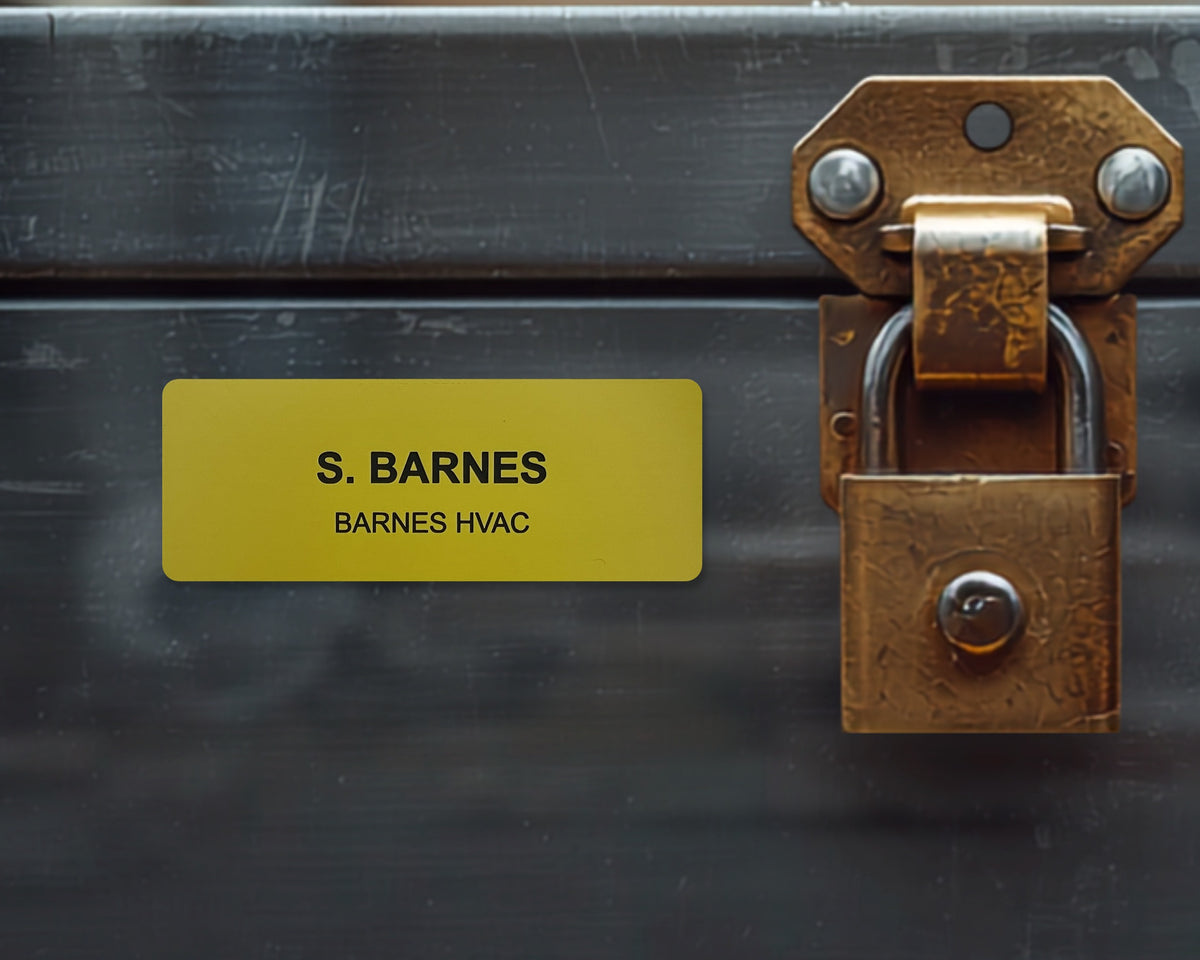 A rectangular yellow nameplate with black text reading S. BARNES and BARNES HVAC, attached to a dark gray metal surface next to a weathered brass padlock with a metal latch mechanism and visible rivets on the mounting plate.